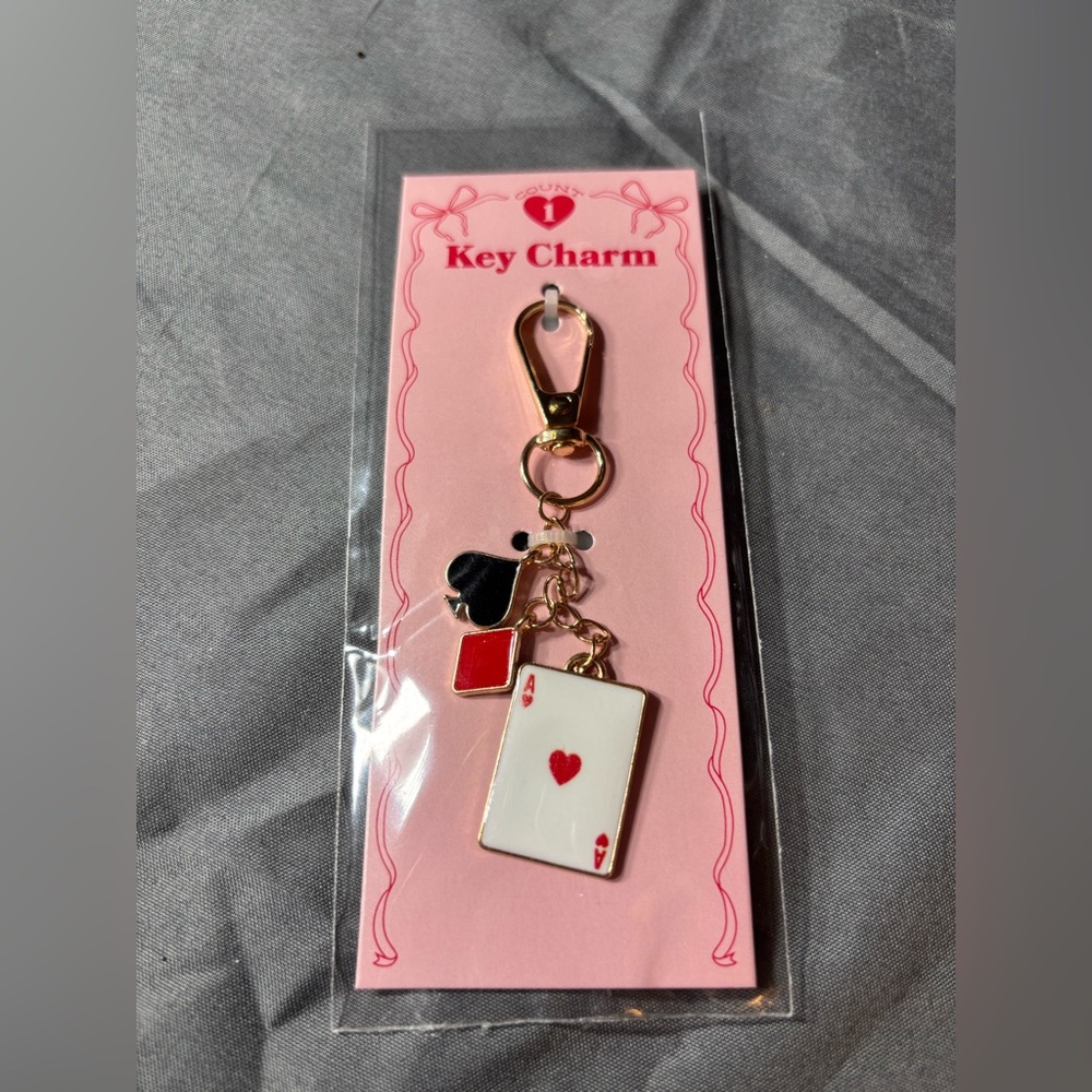 New Gold Tone Playing Card Key Charm – Ace of Hearts, Red & Black
